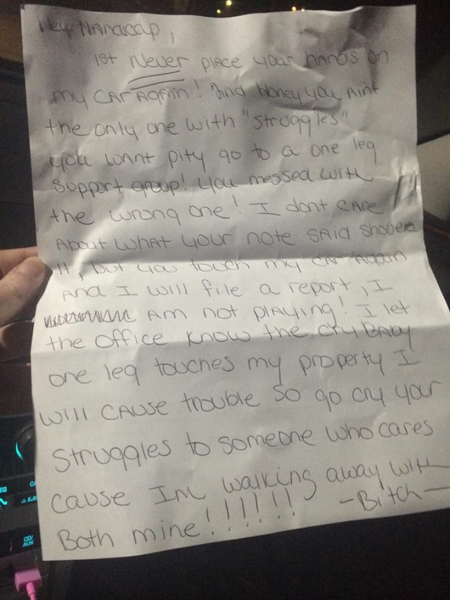 Amputee Gets Note Calling Her 'Cry Baby One Leg' over Handicapped